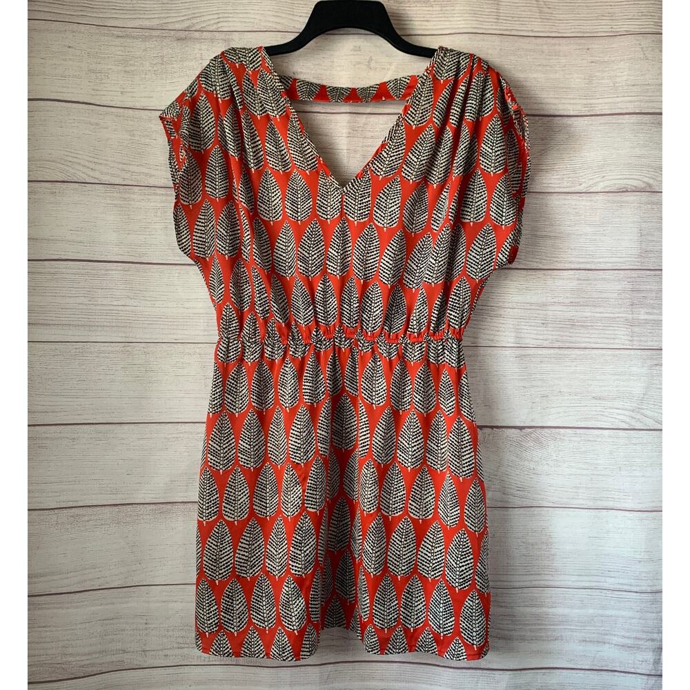 Blue Rain Red Leaf Print Dress Back Cross Strap Size Medium